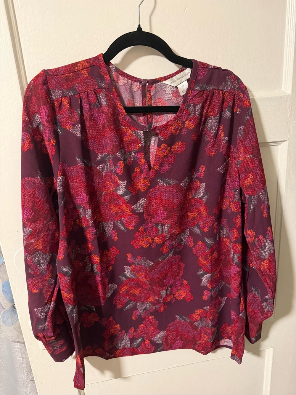 Christopher & Banks Burgundy Floral Long-Sleeve Blouse